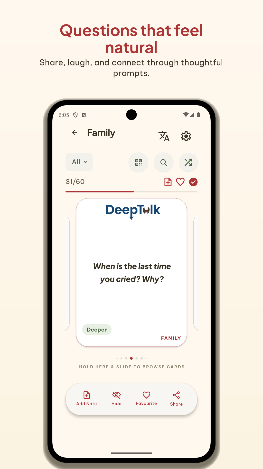 DeepTalk deck player screen showing a conversation card